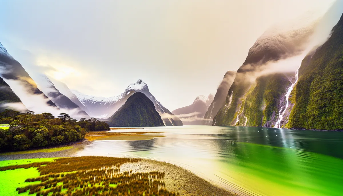 Breathtaking view of Milford Sound fjord in New Zealand with emerald waters surrounded by towering mountains and misty golden morning light