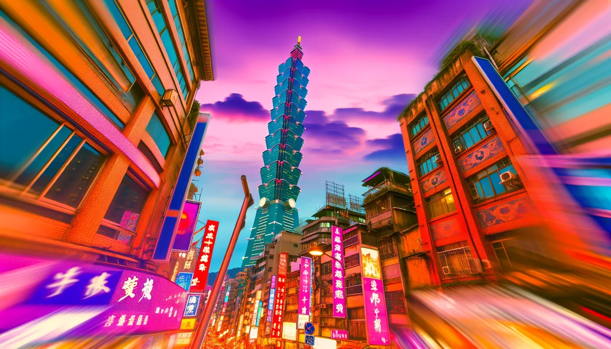 Evening view of Taipei 101 skyscraper rising above busy Taiwan city streets with traditional architecture and colorful lighting