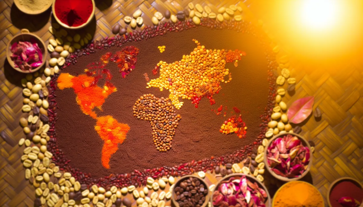 Artistic overhead view of colorful spices and coffee beans arranged to suggest a world map at a traditional Indonesian market