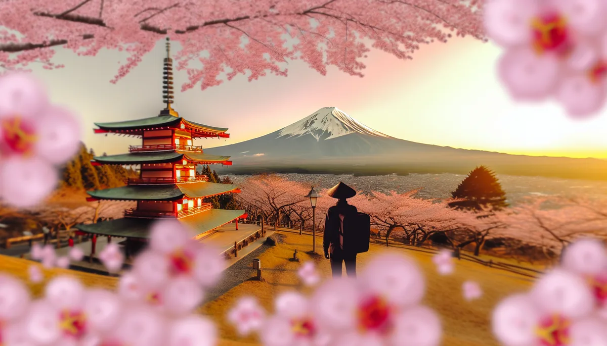 Silhouette of a traveler viewing Mount Fuji and a traditional Japanese pagoda surrounded by cherry blossoms during golden hour