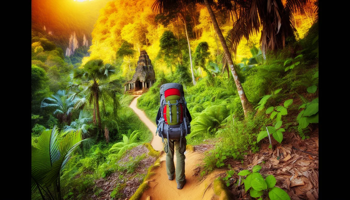 Backpacker with hiking backpack walking on a jungle trail in Southeast Asia with ancient temple ruins visible through lush tropical vegetation during golden hour