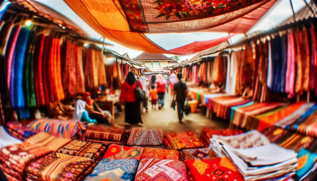 Vibrant Indonesian street market with colorful traditional textiles and warm tropical lighting