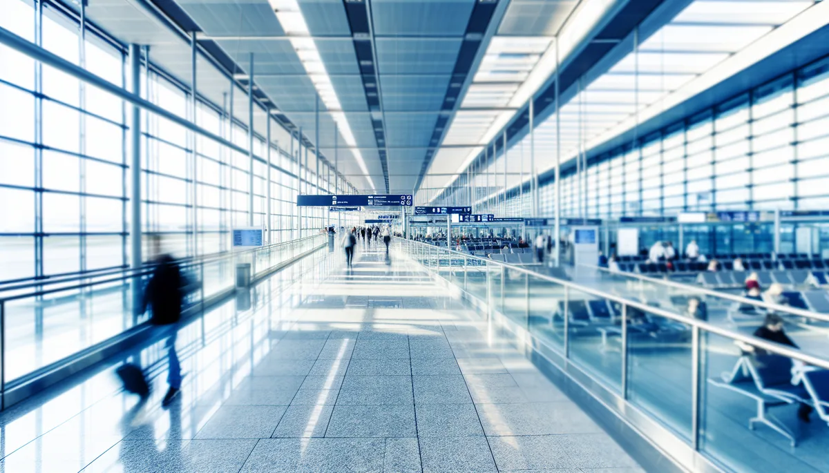Modern airport terminal interior with travelers walking through glass corridors, representing international connectivity and travel