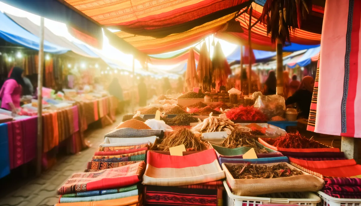 Vibrant Indonesian street market with colorful traditional textiles and spices under warm sunlight