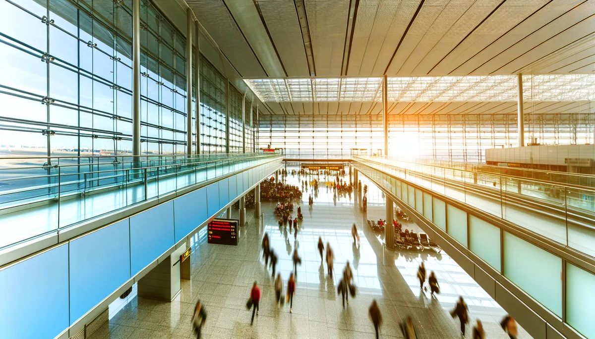 Modern international airport terminal with travelers walking through bright glass corridors, representing global connectivity and travel