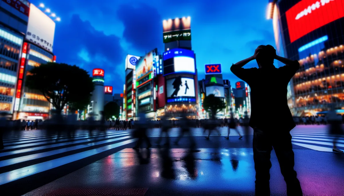 Silhouette of a traveler standing at the famous Shibuya crossing in Tokyo at dusk, with neon lights and blurred crowds creating a moody urban atmosphere