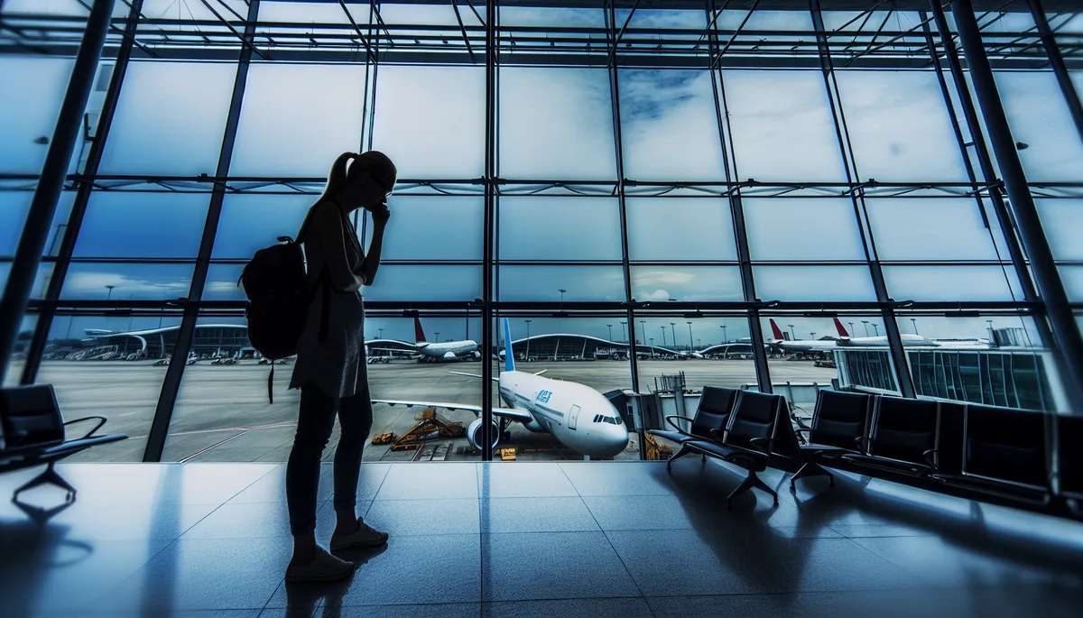 Silhouette of a traveler standing alone at an airport terminal window with planes visible on the tarmac under an overcast sky