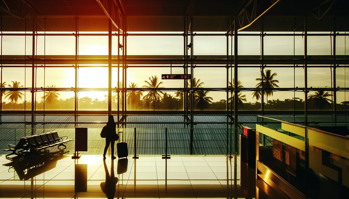 Silhouette of a traveler standing at a modern airport terminal window during golden hour, with tropical landscape visible outside