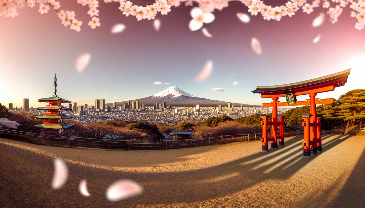 Scenic view of Tokyo skyline with Mount Fuji in the background, featuring a traditional red torii gate and cherry blossoms during golden hour