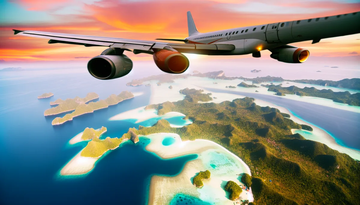 Aerial view of an airplane flying over tropical Indonesian islands with turquoise waters and lush greenery during golden hour