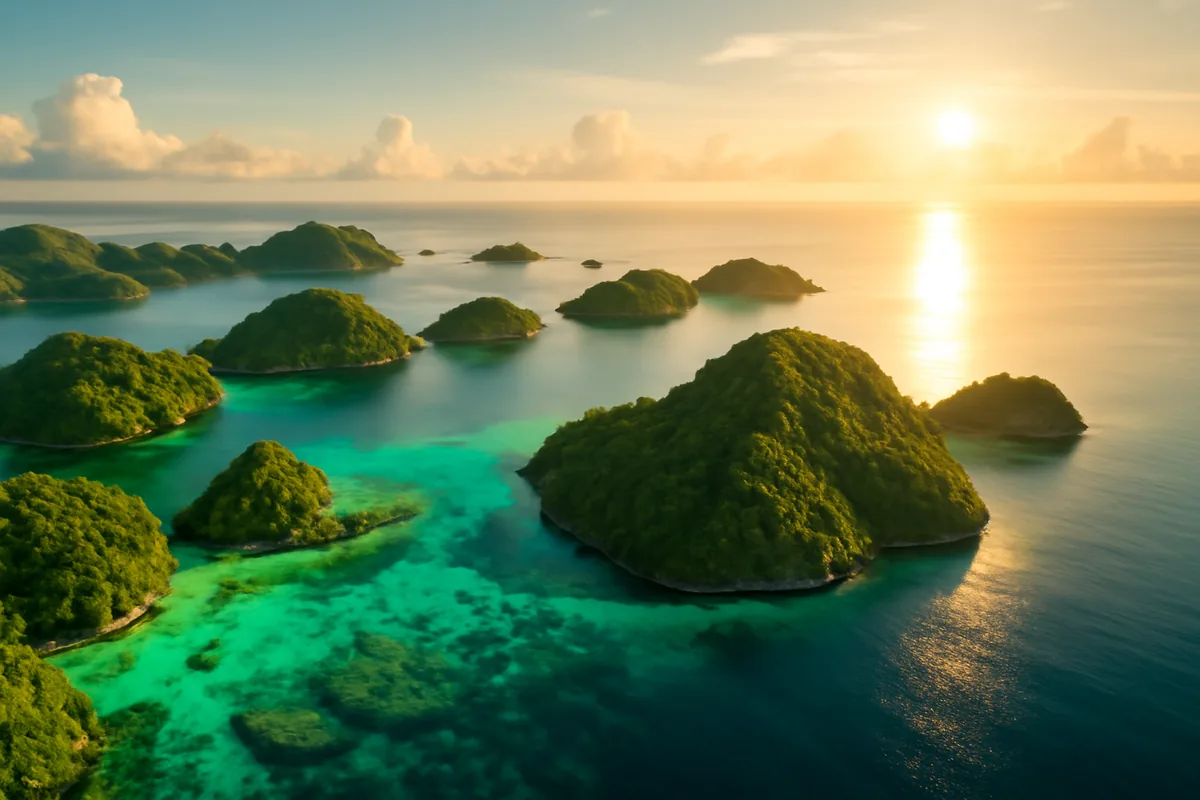 Aerial panoramic view of a tropical Indonesian archipelago with turquoise waters, lush green islands, and golden hour sunlight reflecting on the calm ocean surface.