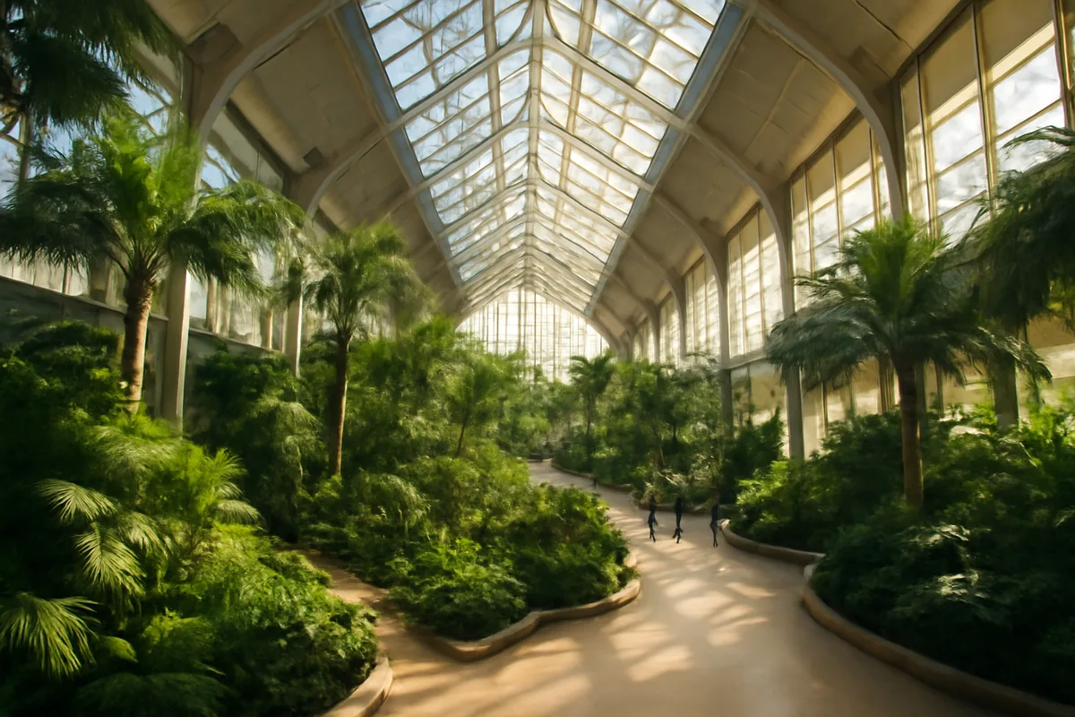 The stunning interior of Singapore Changi Airport featuring its iconic indoor garden atrium with towering tropical plants beneath a vast glass ceiling with natural sunlight filtering through
