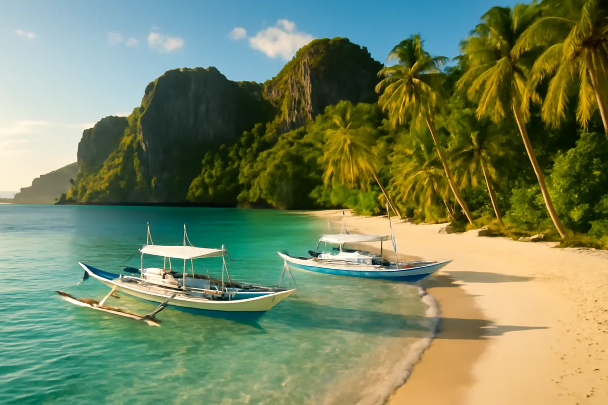 Beautiful tropical beach scene in the Philippines with traditional bangka boats, turquoise waters, white sand, and palm trees under golden sunlight