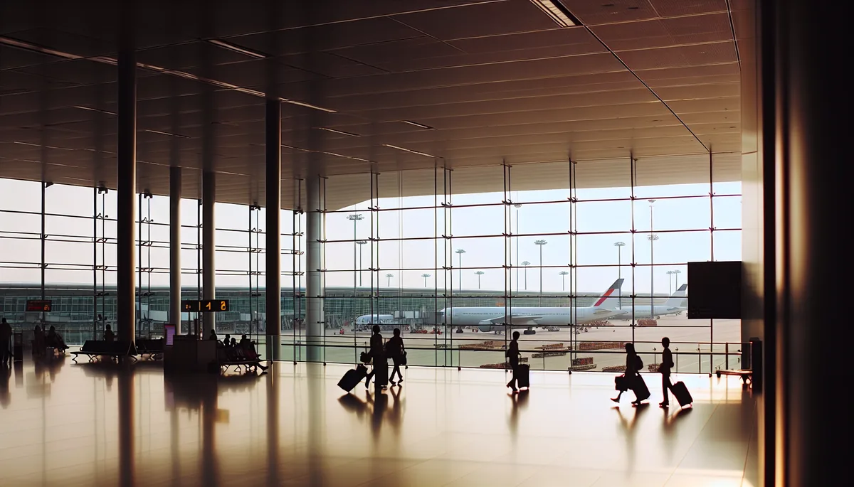 Modern airport terminal interior with large windows showing planes on the tarmac, travelers with luggage walking through the bright, spacious departure area