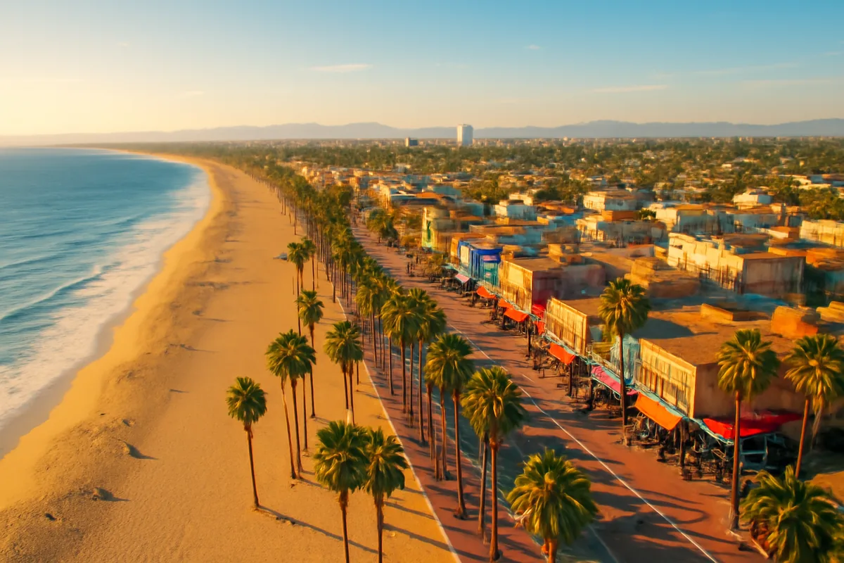 A panoramic summer view of an iconic American coastal city with a golden sandy beach, blue ocean waters, palm-lined boardwalk, and warm golden afternoon sunlight
