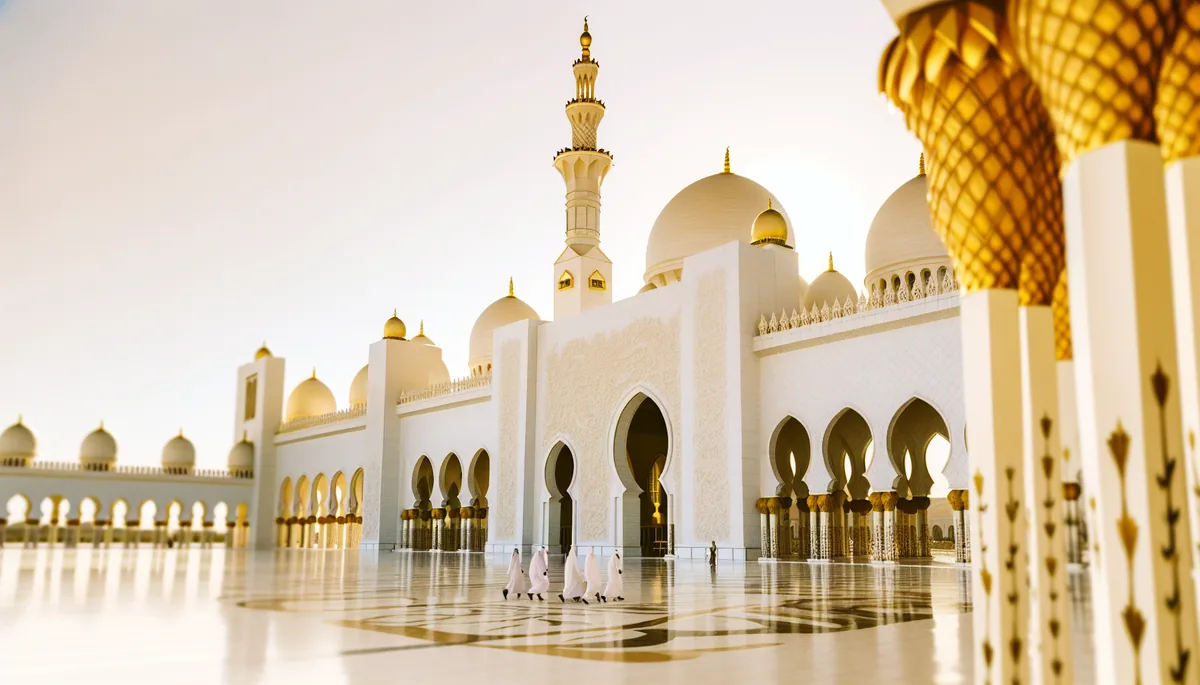 Aerial view of the Grand Mosque in Mecca showing the iconic golden minarets and white marble courtyard with pilgrims in traditional white garments walking below