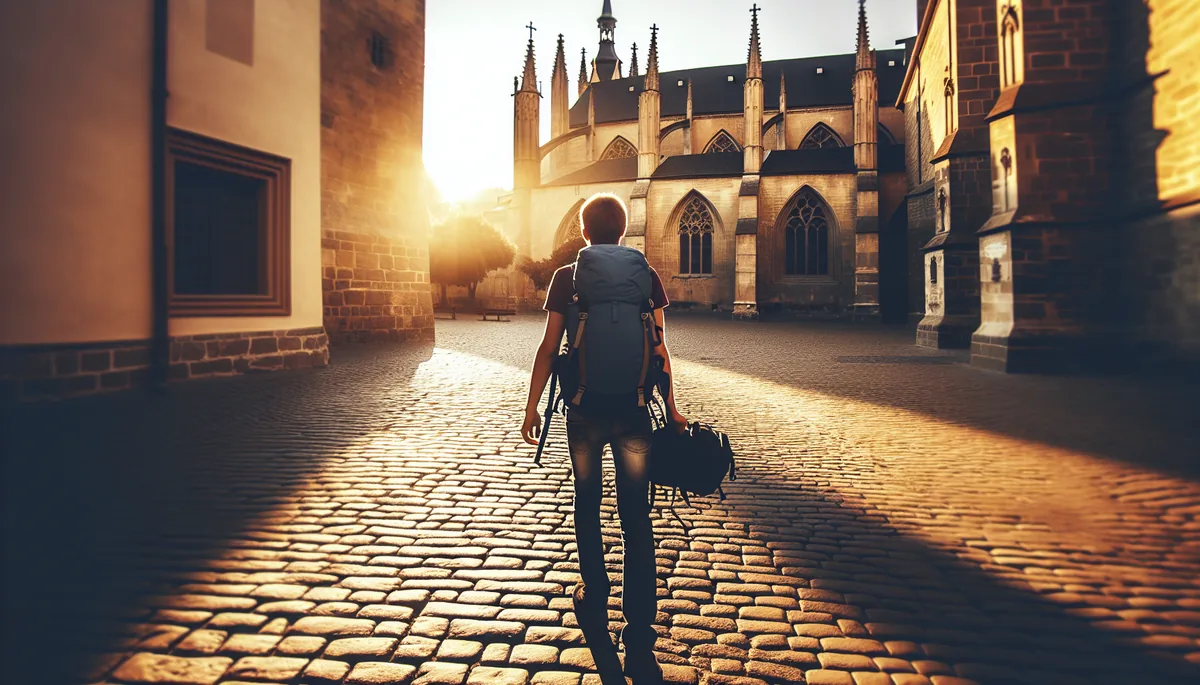 Backpacker walking through a picturesque European town square with historic architecture and golden sunset lighting