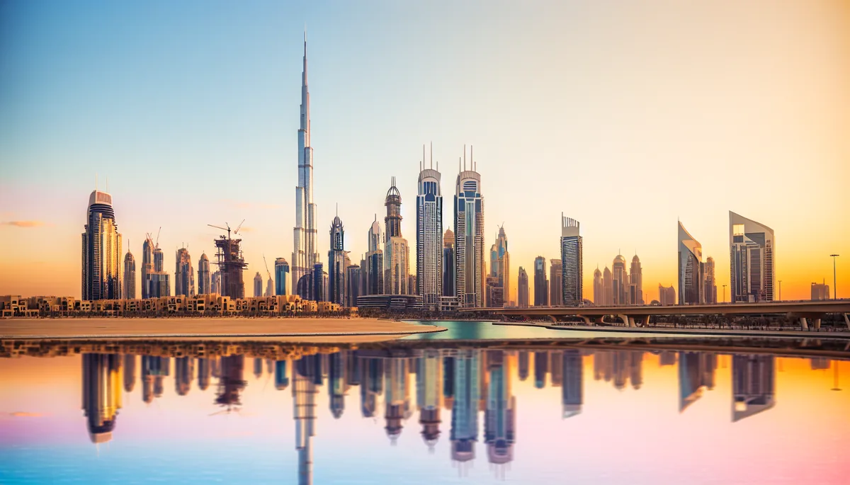 Dubai skyline at golden hour featuring Burj Khalifa and modern skyscrapers with reflections in water
