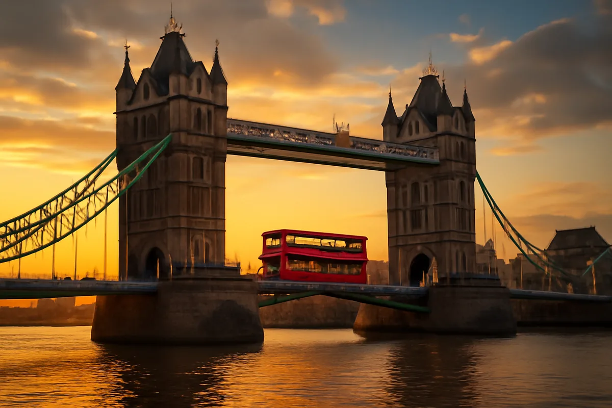 A classic red double-decker bus crossing Tower Bridge in London at golden hour, with the Thames River reflecting warm amber light and the city skyline in the background.