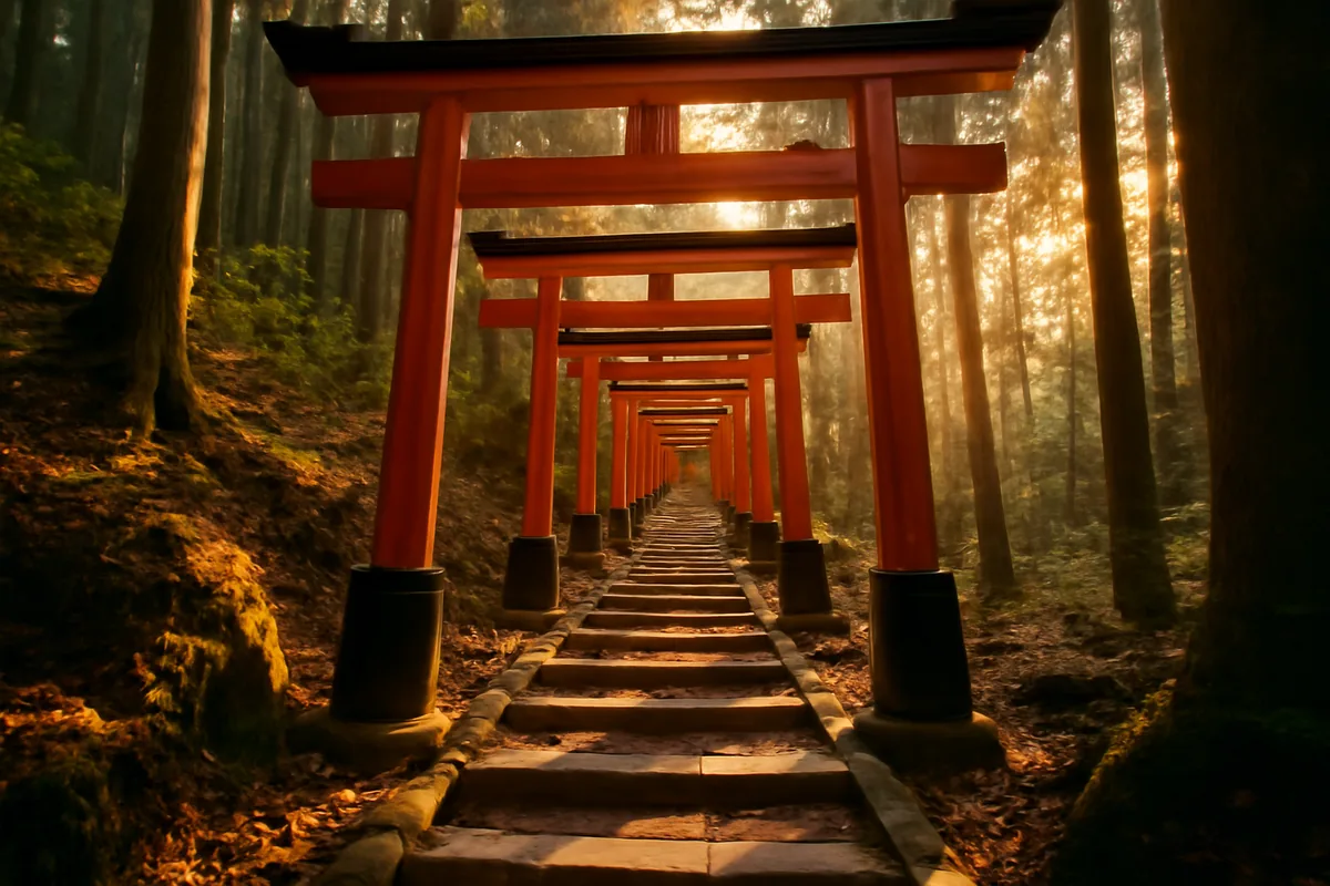 A serene pathway lined with iconic red torii gates ascending through a lush cedar forest in Kyoto, Japan, bathed in soft morning light