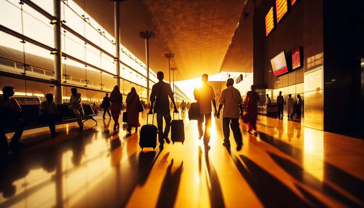 Silhouettes of an Indonesian family walking through an airport terminal during golden hour, carrying luggage, representing Lebaran travel season