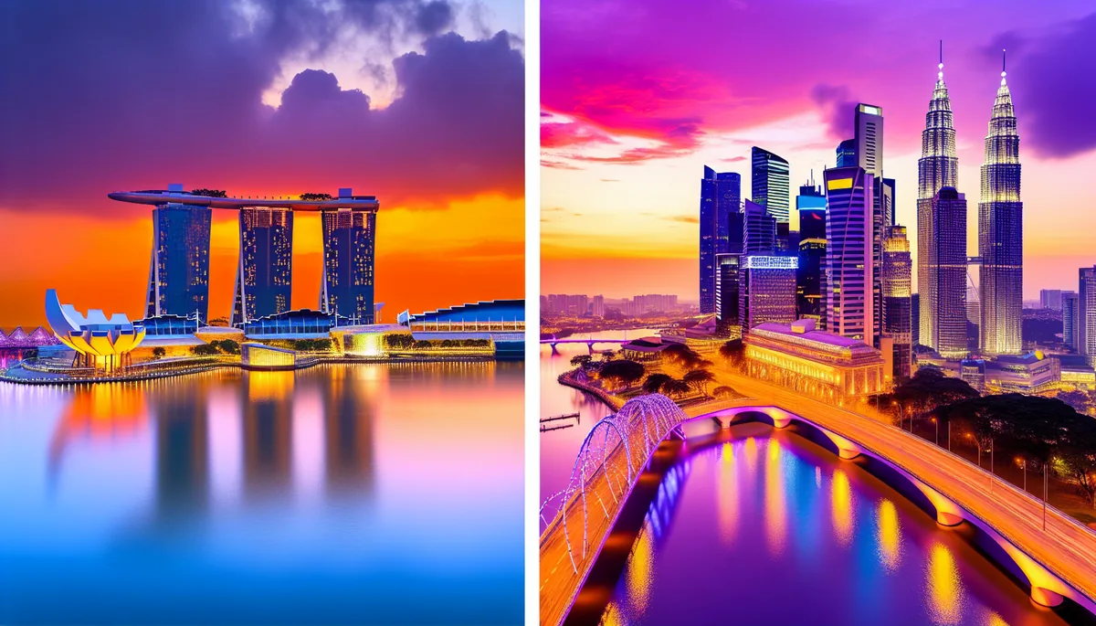 Split view of Singapore's Marina Bay Sands and Kuala Lumpur's Petronas Twin Towers at sunset, showcasing the iconic skylines of both Southeast Asian destinations