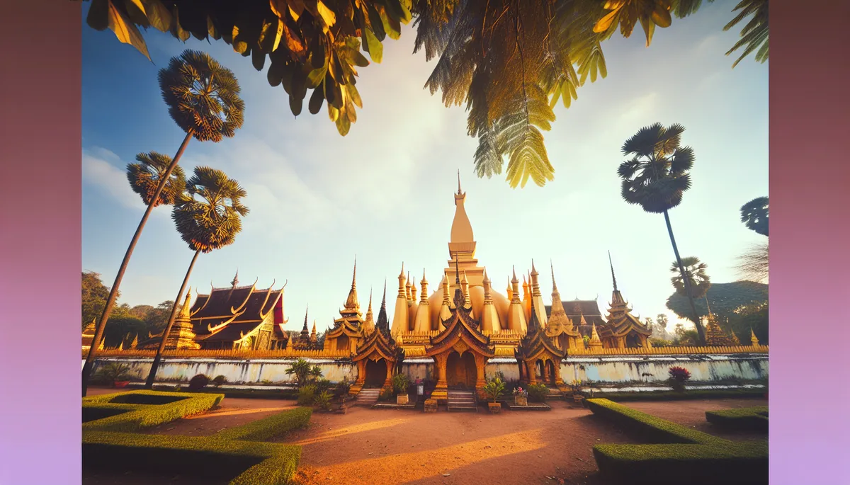 Golden Southeast Asian temple complex surrounded by tropical palm trees and lush greenery during golden hour lighting