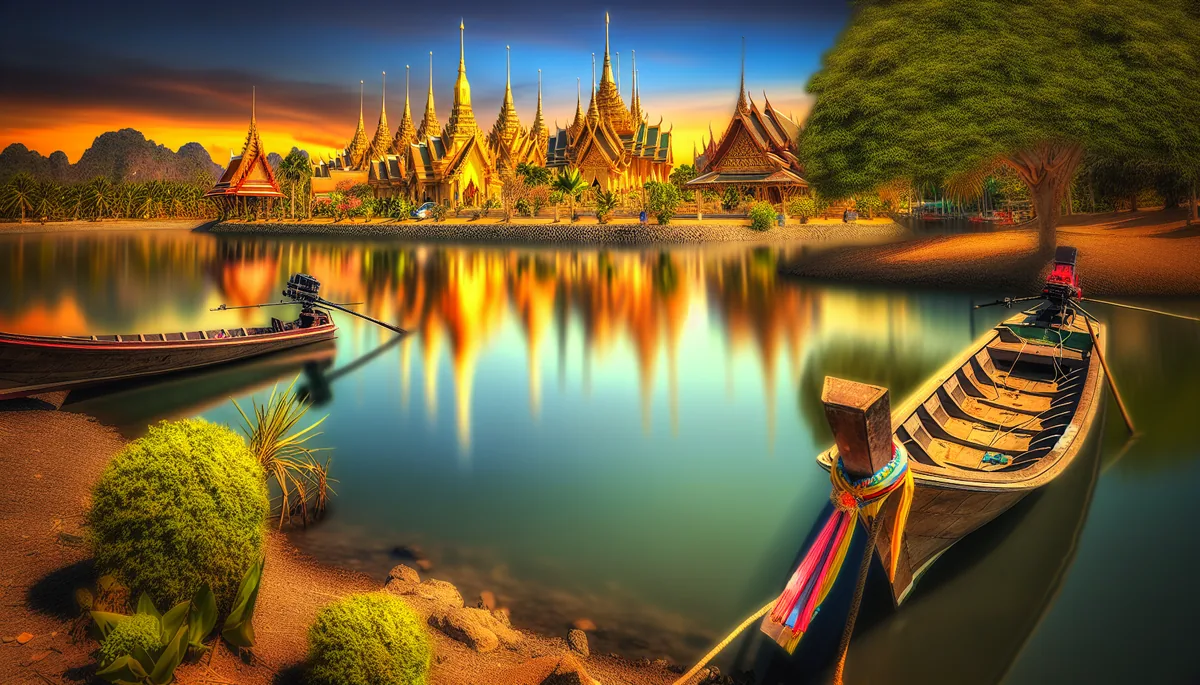 Golden Thai temple with ornate spires reflected in calm water, with traditional longtail boats and tropical scenery at sunset