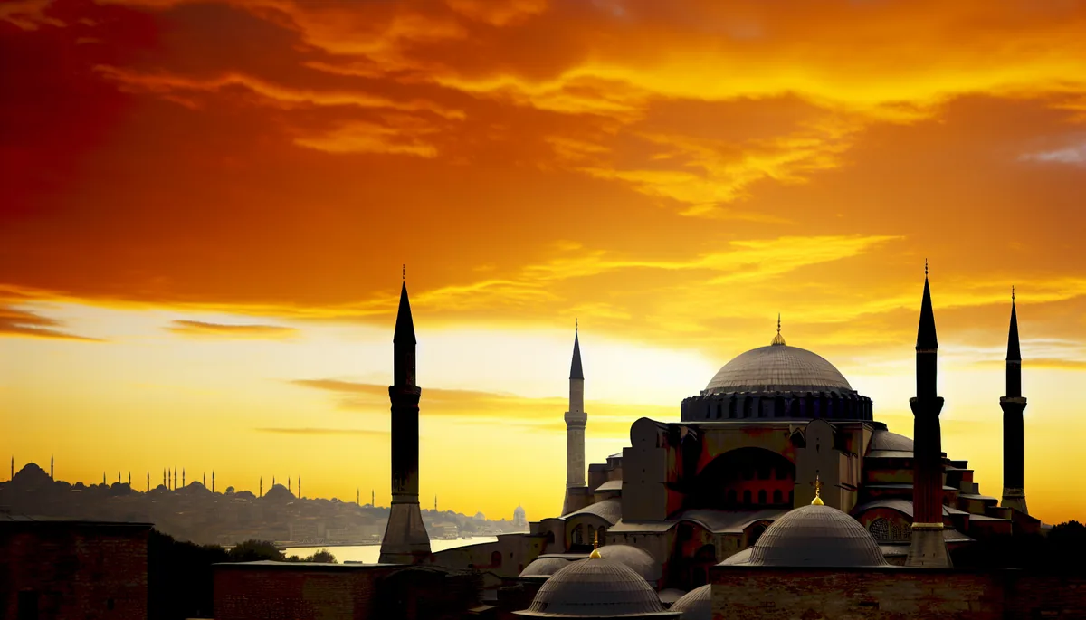Stunning sunset view of Hagia Sophia's iconic dome and minarets in Istanbul, Turkey, with warm golden lighting illuminating the historic Byzantine architecture