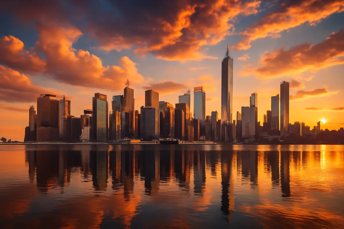 Golden hour panoramic view of the Manhattan skyline reflected in the Hudson River, with skyscrapers glowing in warm amber and orange light under a dramatic sky
