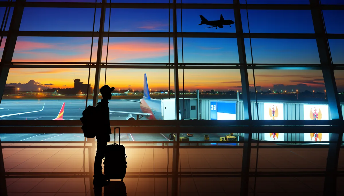 Silhouette of a traveler with backpack at an airport departure gate during golden hour, with airplanes visible through large windows