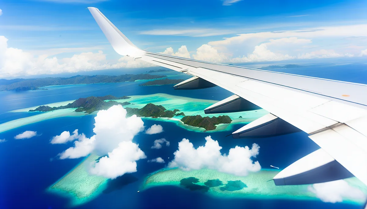 Aerial view from airplane window showing Indonesian tropical islands with turquoise waters and coral reefs, representing international travel connectivity