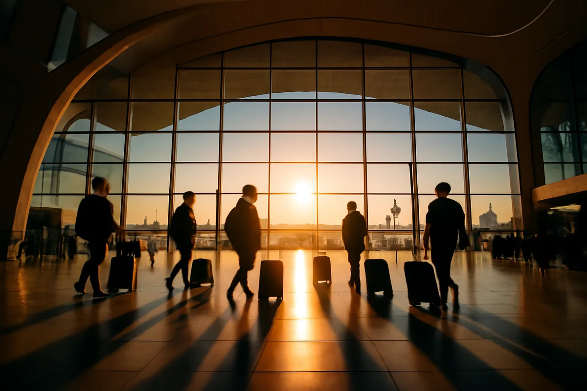 A modern international airport departure hall with large windows overlooking the tarmac, bathed in warm golden afternoon light with silhouetted travelers and their luggage in the foreground.