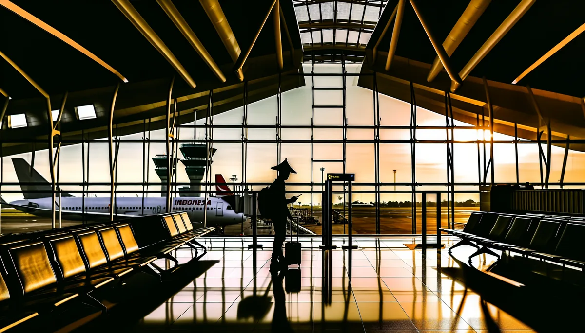 Silhouette of a traveler standing at an airport departure gate with large windows showing aircraft on the tarmac during golden hour
