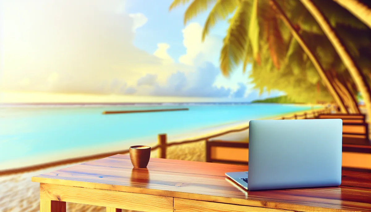 Scenic beachfront workspace with laptop and coffee overlooking tropical ocean at sunset, representing digital nomad lifestyle
