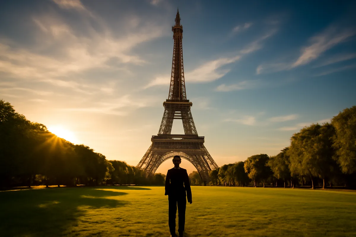 A silhouetted traveler standing on the Champ de Mars lawn gazing toward the Eiffel Tower in Paris during golden hour, with a warm summer sky overhead.