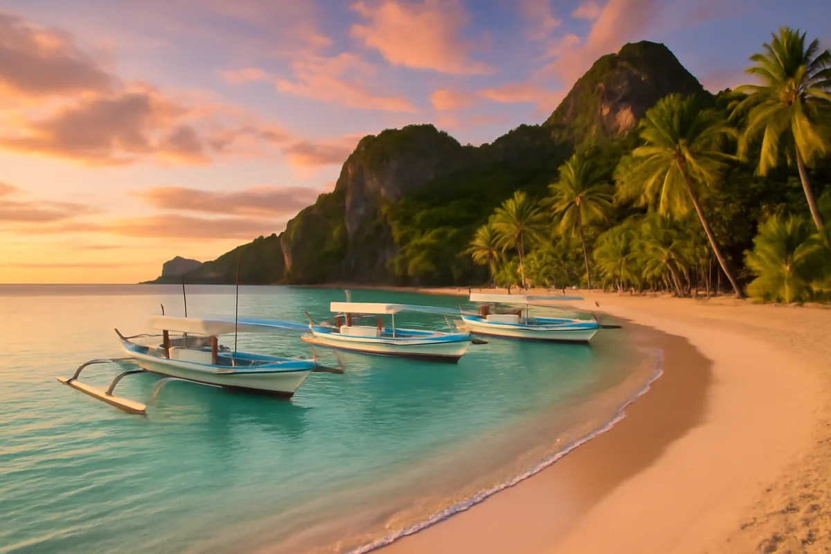 Beautiful Philippine tropical beach with traditional bangka boats, turquoise waters, white sand, and dramatic limestone cliffs under golden hour lighting