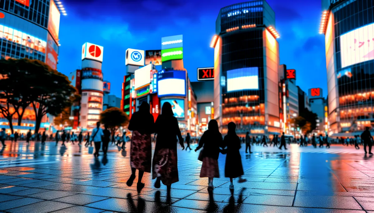 Family silhouettes crossing the famous Shibuya intersection in Tokyo at dusk with city lights and modern buildings in the background