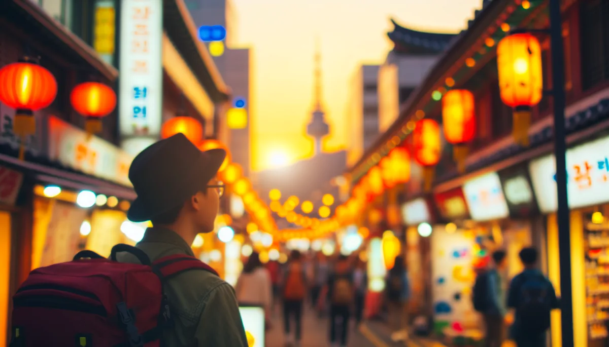 Silhouette of a backpacker walking through a bustling Korean street market with colorful traditional lanterns and warm golden lighting