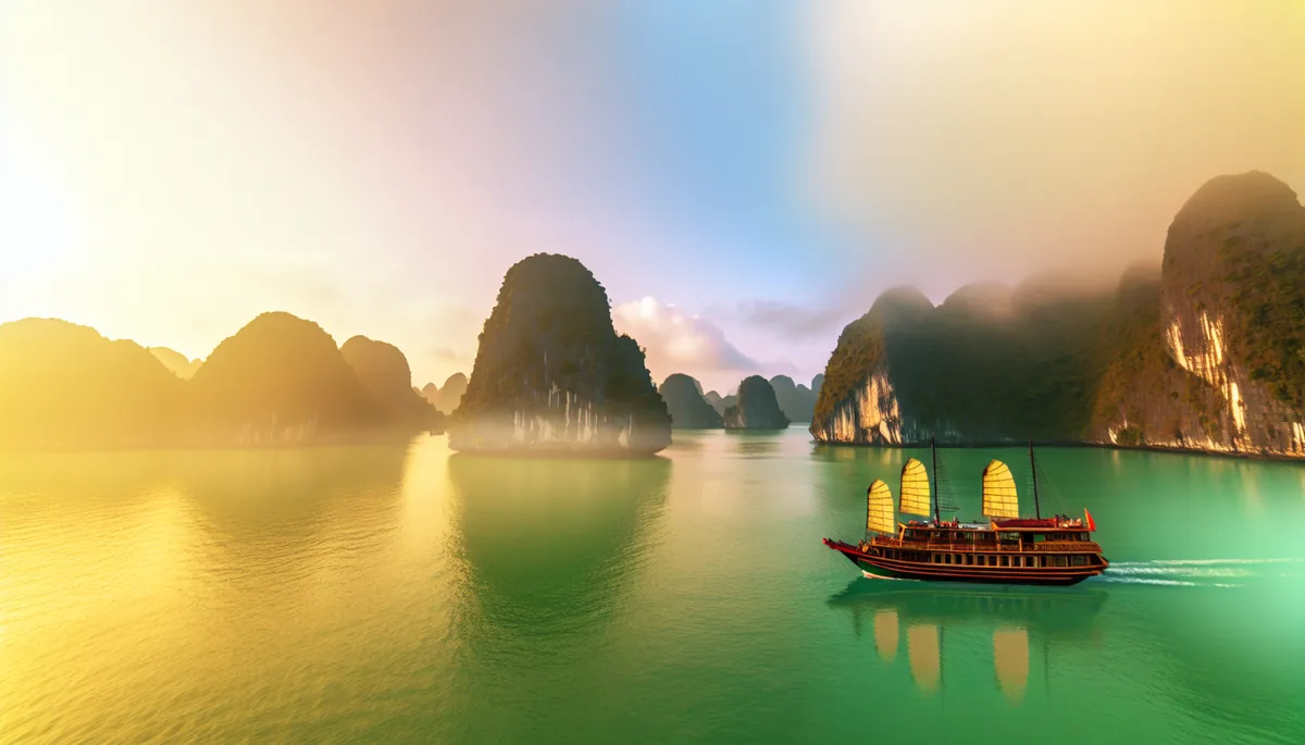 Scenic view of Ha Long Bay in Vietnam with limestone karsts emerging from emerald waters and a traditional junk boat sailing during golden hour