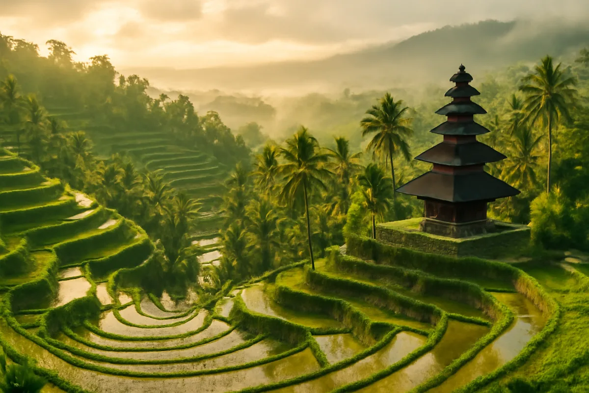 Aerial view of lush green terraced rice paddies in Bali, Indonesia, with a traditional temple pagoda surrounded by tropical palm trees under warm golden morning light