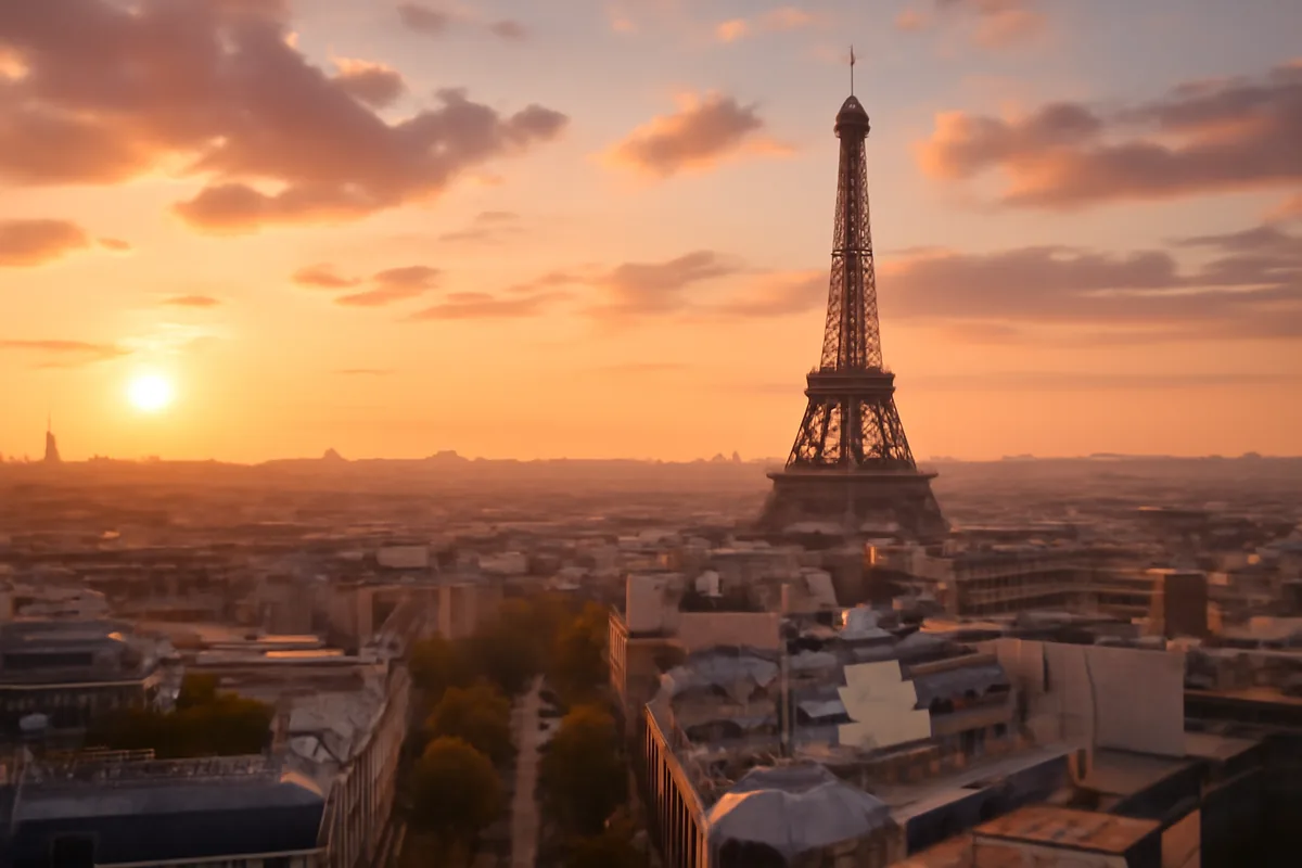 A sweeping golden hour view of Paris with the Eiffel Tower dominating the skyline above classic Haussmann-era rooftops bathed in warm amber light.