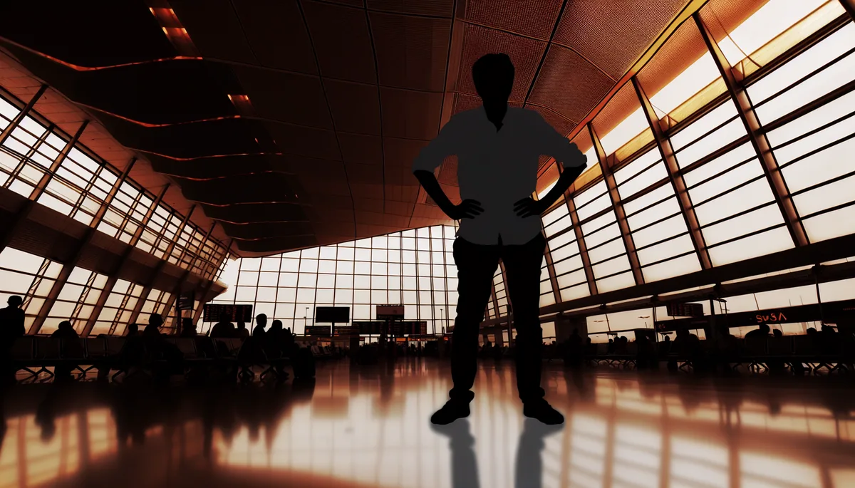 Silhouette of a traveler standing alone at a modern airport terminal with large windows and architectural details