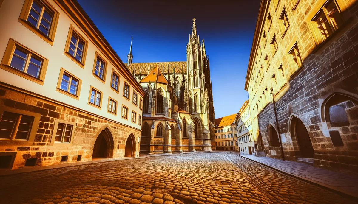 Stunning European old town with historic Gothic architecture, cobblestone streets, and cathedral spires bathed in golden hour lighting