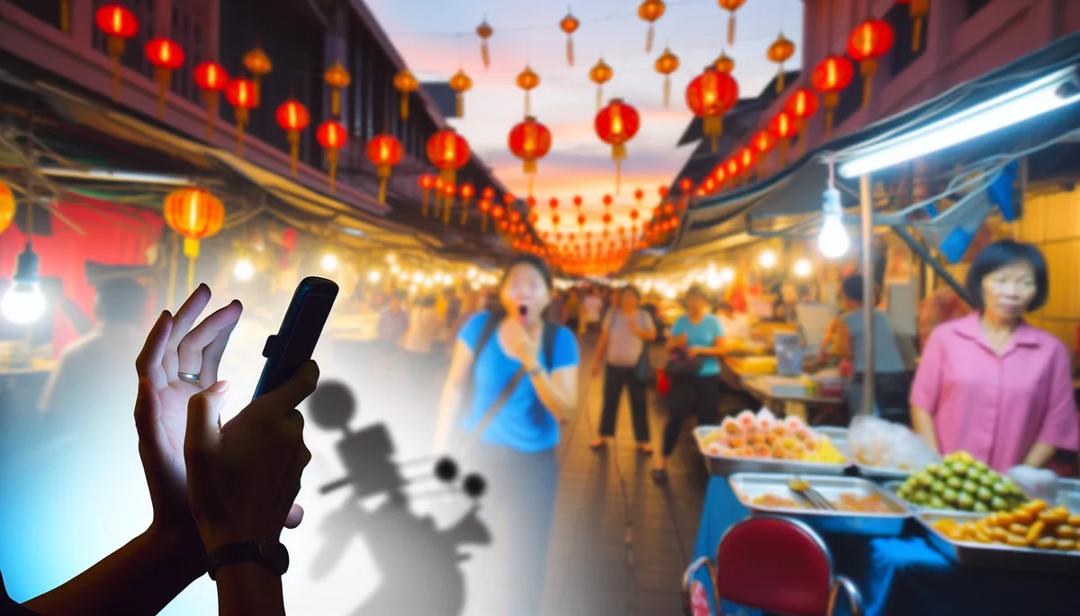 Traveler's silhouette at a vibrant Bangkok street market during golden hour, with colorful food stalls and traditional lanterns creating a warm, atmospheric scene