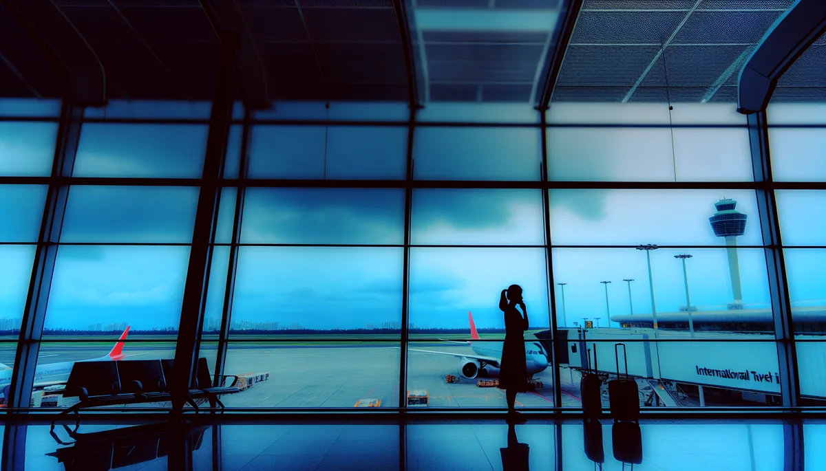 Silhouette of a traveler standing alone at an airport departure gate with stormy skies visible through large windows, conveying the stress and uncertainty of travel connectivity issues