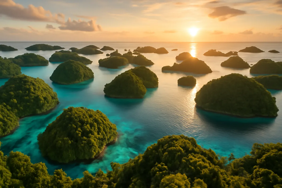 Aerial panoramic view of tropical Indonesian islands with emerald green jungle and turquoise ocean waters during golden hour