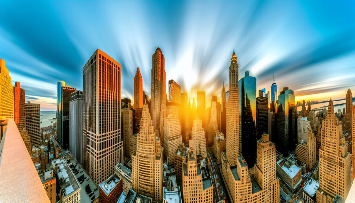 Stunning golden hour view of New York City Manhattan skyline with tall skyscrapers and urban architecture against a dramatic sky