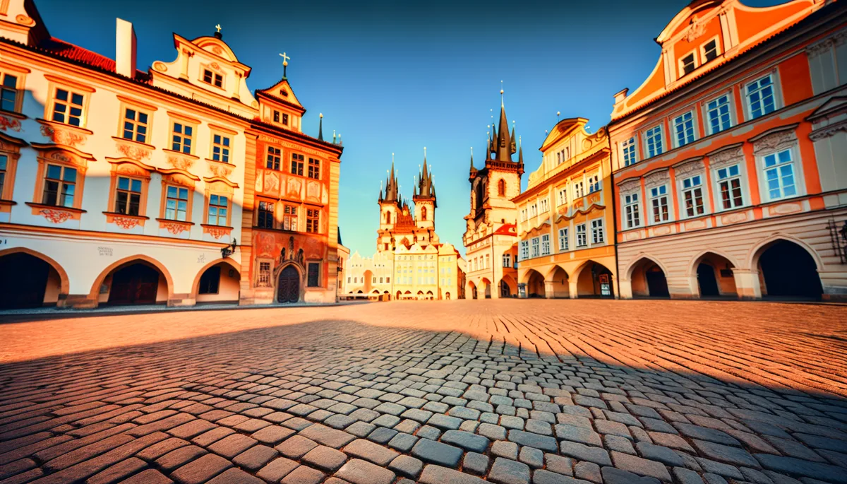 Historic cobblestone square in Prague with colorful baroque architecture and Gothic church spires during golden hour