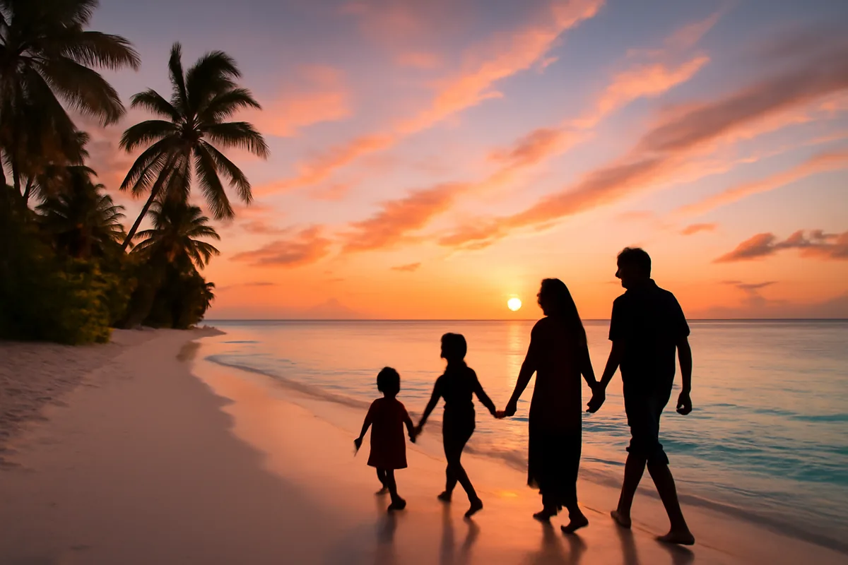 Family silhouettes walking along a beautiful tropical beach at sunset with palm trees and turquoise waters